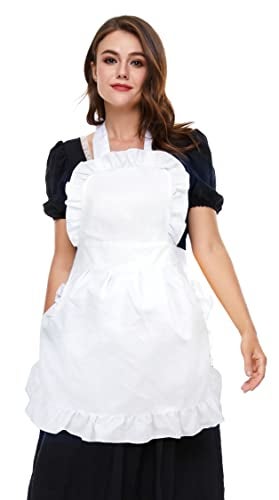 LilMents Women's Ruffle Outline Retro Apron Kitchen Cake Baking Cooking Cleaning Maid Costume (White) - Image 1