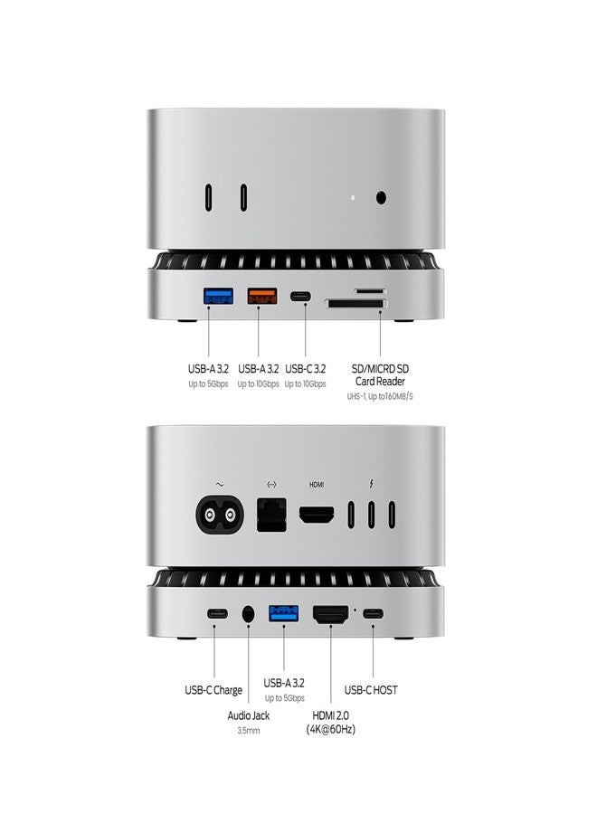 Raycue Mac mini M4 Dock, Aluminum Mac mini Stand and HDMI Hub for Mac mini M4 and M4 Pro 2024 with M.2 NVMe/SATA SSD Enclosure, 4K60Hz HDMI,10G USB A/C, 5G USB A*2, USB-C Charge, SD/TF, Audio - Image 2