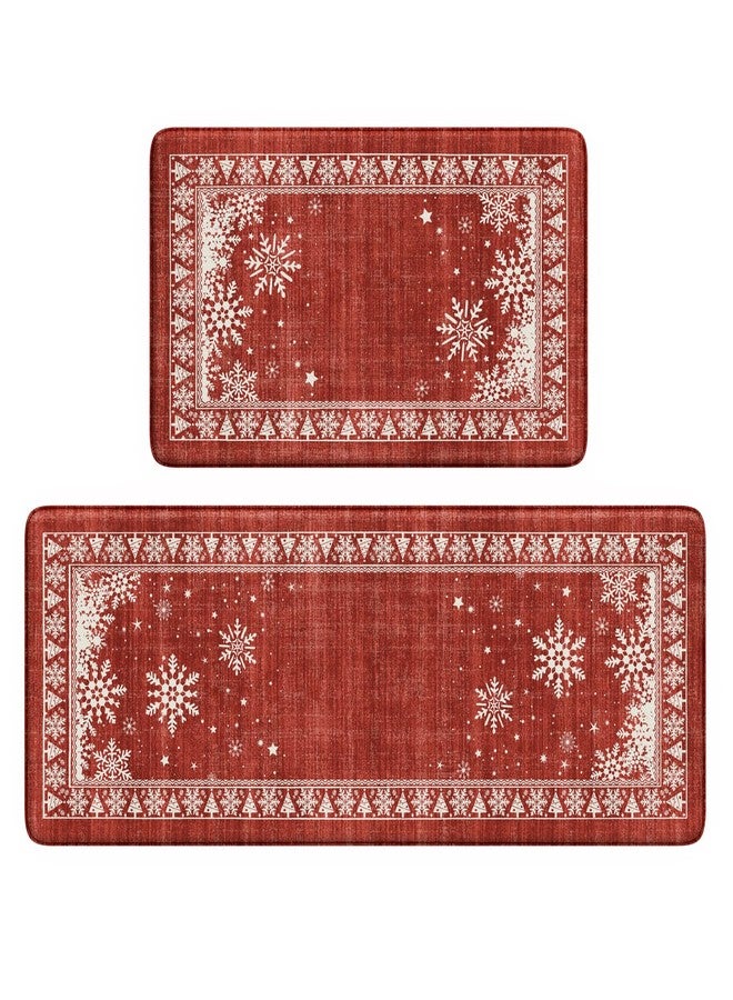 Sungea Christmas Kitchen Mats for Floor 2 Piece, Snowflake Kitchen Floor Mats Cushioned Anti Fatigue Kitchen Rugs Non Slip, Bordered Comfort Thick Standing Mat for Home Decor,Sink(Red) - Image 1