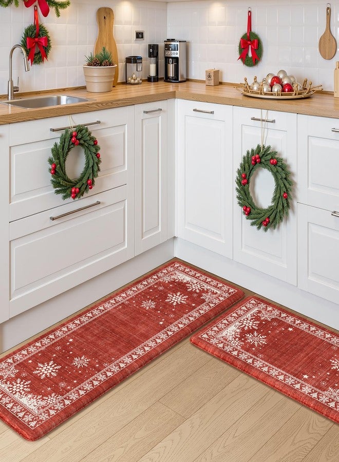 Sungea Christmas Kitchen Mats for Floor 2 Piece, Snowflake Kitchen Floor Mats Cushioned Anti Fatigue Kitchen Rugs Non Slip, Bordered Comfort Thick Standing Mat for Home Decor,Sink(Red) - Image 2