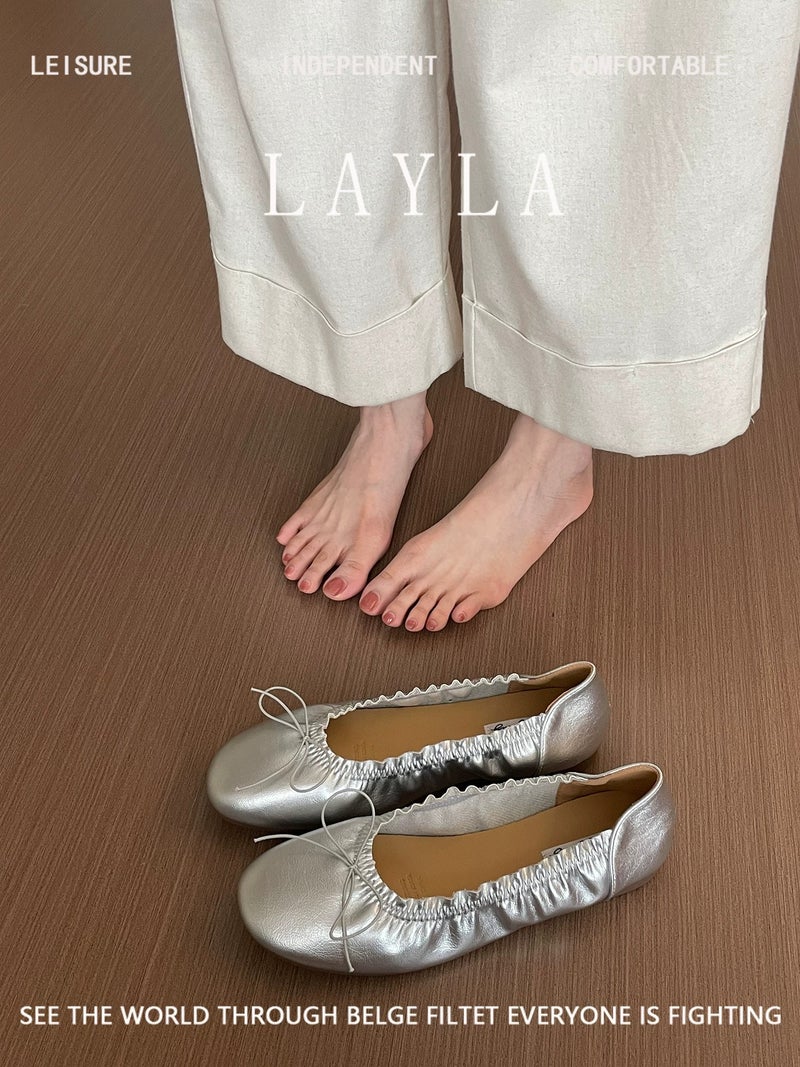 Women's Soft Sole Ballet Flats with Bow - 2026 Spring Autumn New Arrival Suede Round Toe Elegant Versatile Shoes