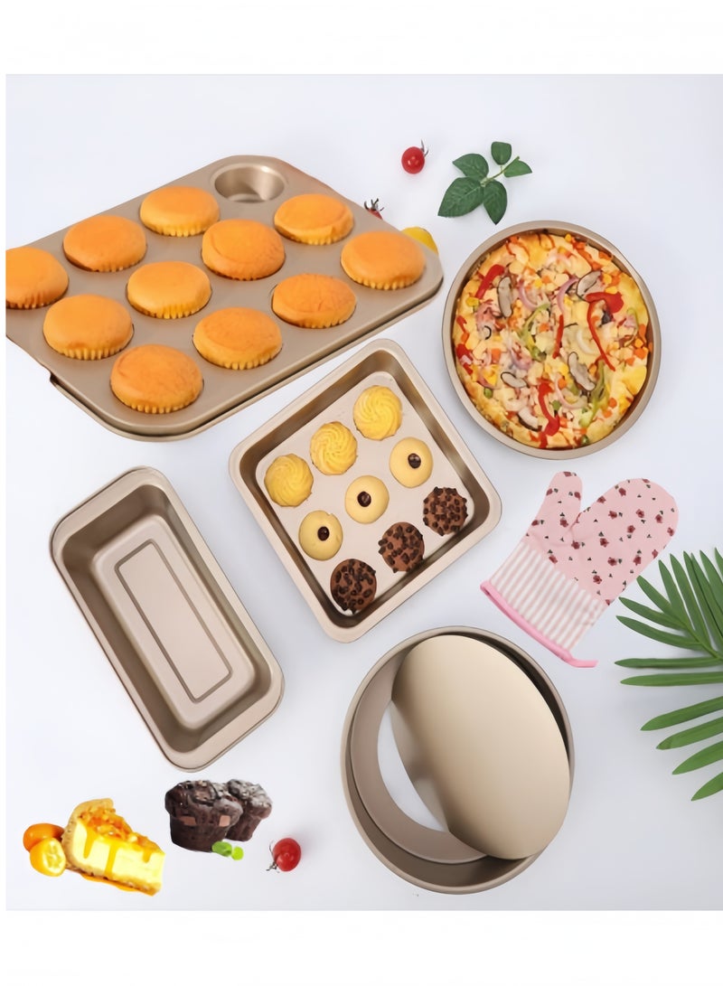 Nonstick Bakeware Set 5 PCS Baking Pans Set（with One Glove)- Pizza Tray, Round/Square Pans, Loaf Pan, 12-Cup Muffin Pan Carbon Steel Baking Trays Oven Trays for Bakers Beginners  - Image 1