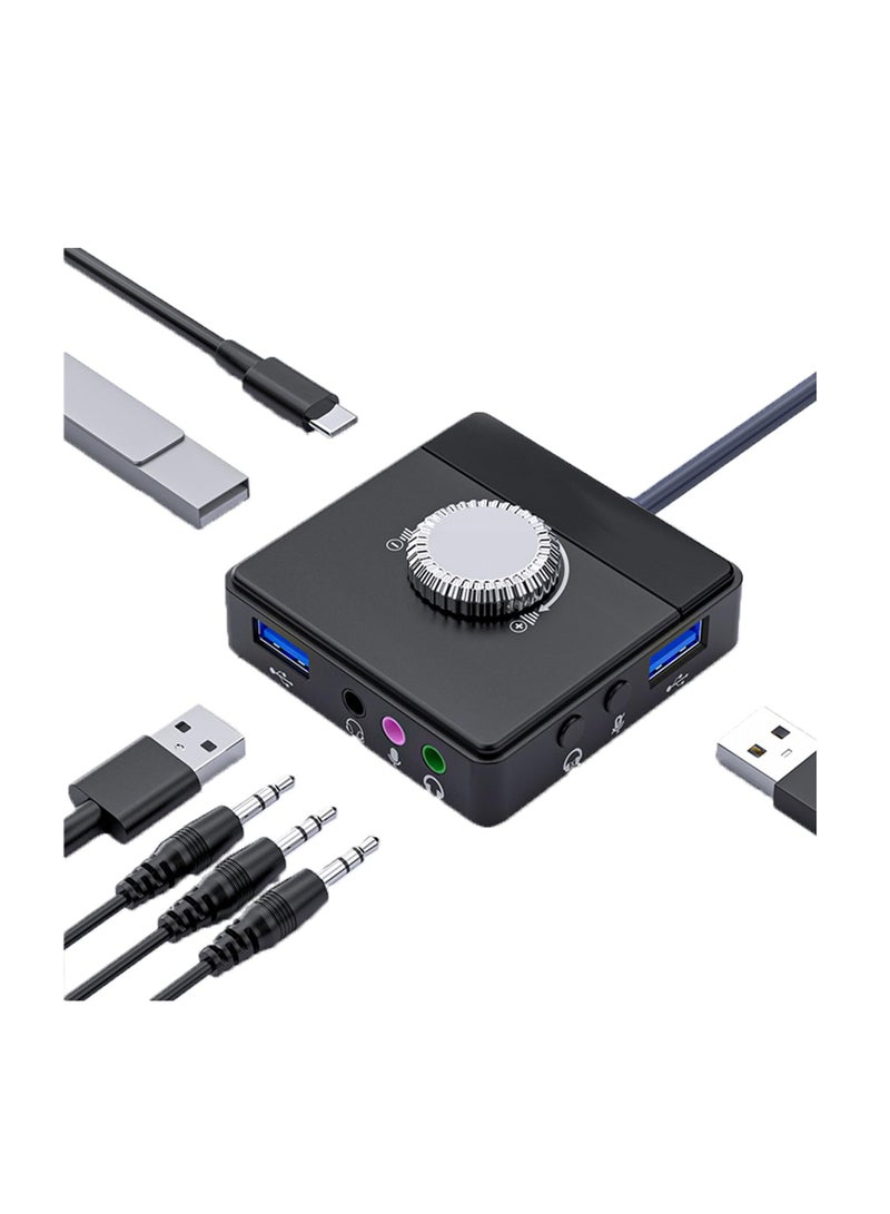 SYOSI Max External Sound Card, USB Audio Adapter Fit for PC Windows, Mac, Linux, Laptops, Desktops, Stereo Sound Card with 3.5mm Interface & USB Interface, Volume Control, Plug & Play (6-in-1, Black)  - Image 1