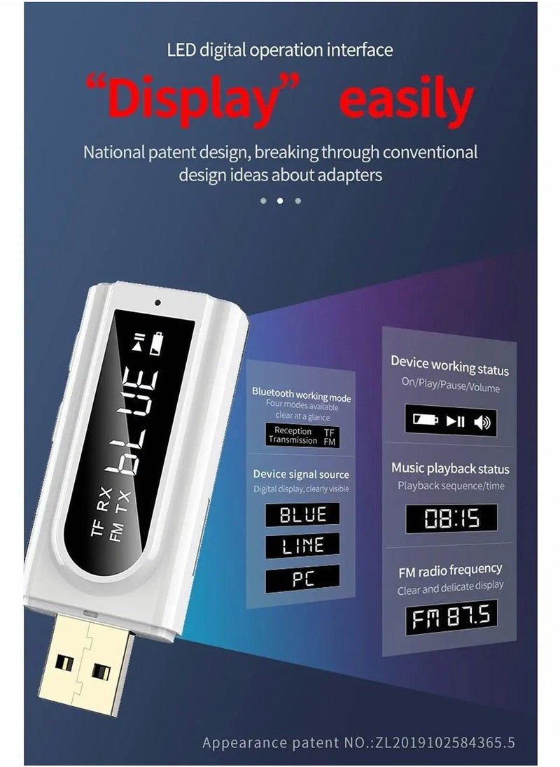 USB Bluetooth Transmitter Receiver with Screen, 3-in-1 Bluetooth 5.0 Adapter Support TF Card  FM Transmit,3.5mm Bluetooth - Image 2
