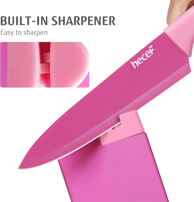 hecef 15 Pieces Kitchen Knife Set with Built-in Sharpening Wooden Block, Dishwasher Safe, High Carbon Stainless Steel Knife Block Set with Steak Knives, Kitchen Scissors, Hot Pink - Image 4