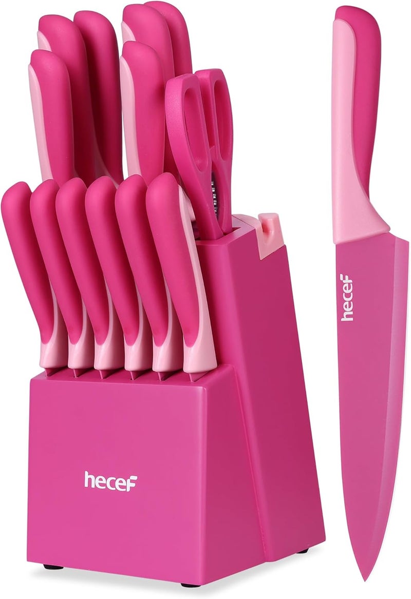 hecef 15 Pieces Kitchen Knife Set with Built-in Sharpening Wooden Block, Dishwasher Safe, High Carbon Stainless Steel Knife Block Set with Steak Knives, Kitchen Scissors, Hot Pink - Image 1
