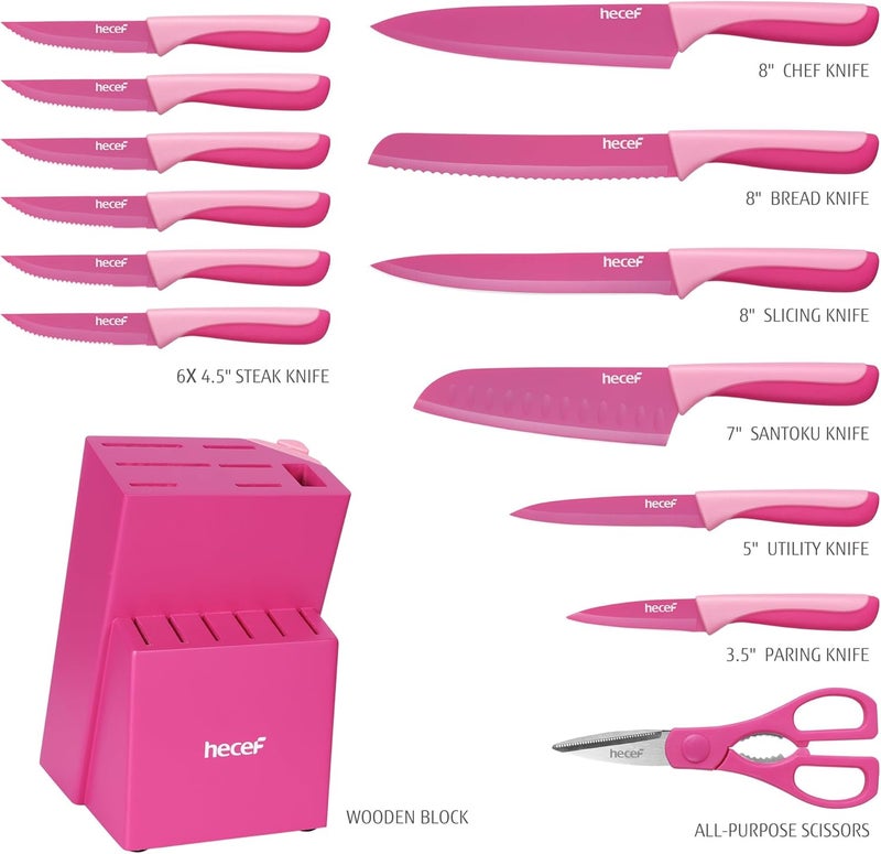 hecef 15 Pieces Kitchen Knife Set with Built-in Sharpening Wooden Block, Dishwasher Safe, High Carbon Stainless Steel Knife Block Set with Steak Knives, Kitchen Scissors, Hot Pink - Image 2