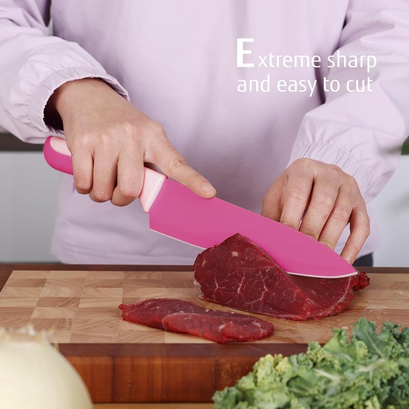 hecef 15 Pieces Kitchen Knife Set with Built-in Sharpening Wooden Block, Dishwasher Safe, High Carbon Stainless Steel Knife Block Set with Steak Knives, Kitchen Scissors, Hot Pink - Image 5