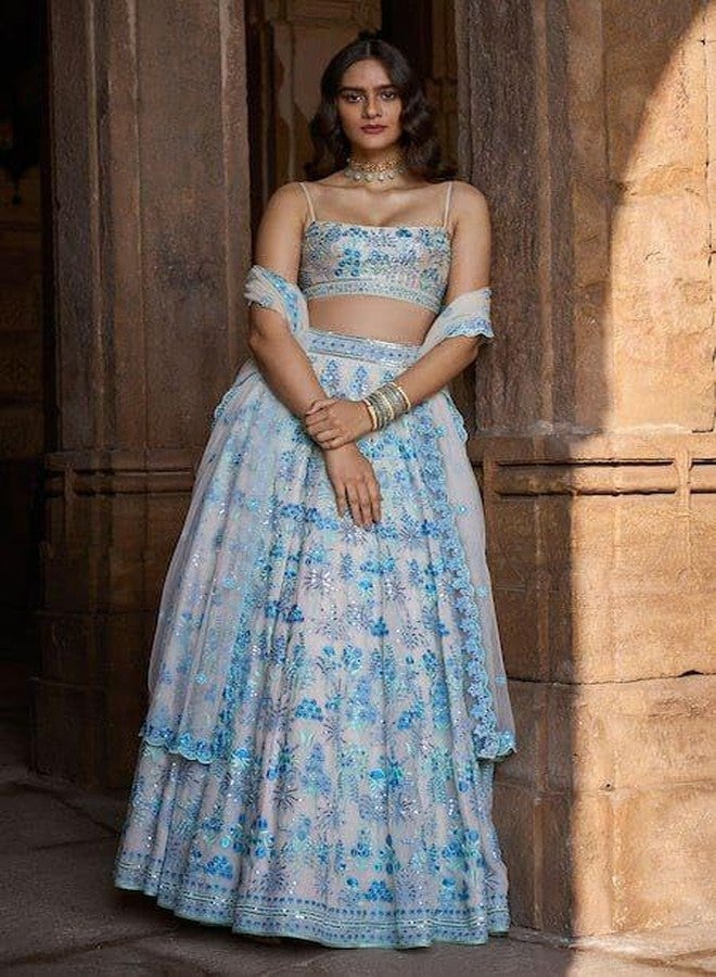 Forteo Fashion Blue Color Bridal Lehenga Choli Set For Women || Women'S Lehenga Cholis | Material: Faux Georgette | Finish Type: Semi-Stitched | Size: Free Size - Image 2