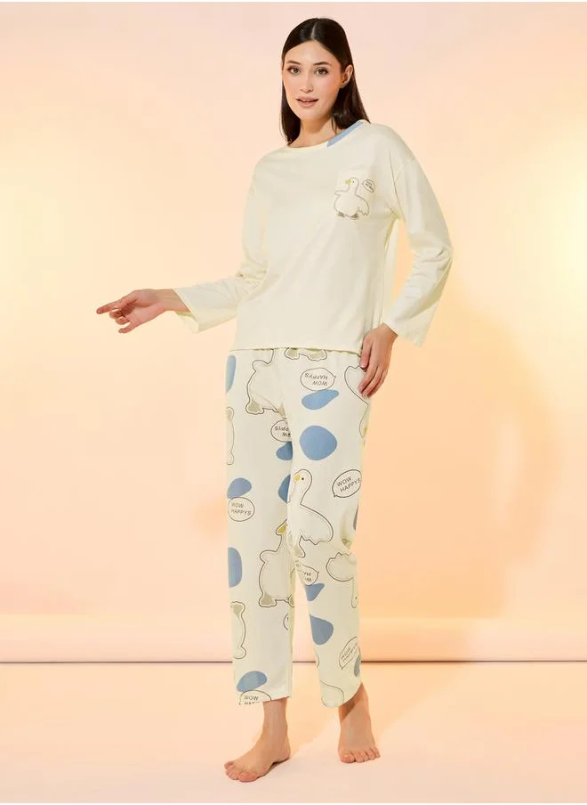 تايك تو Duck Print Round Neck T-Shirt & Pyjama Set