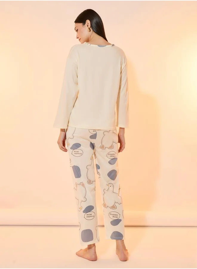 تايك تو Duck Print Round Neck T-Shirt & Pyjama Set