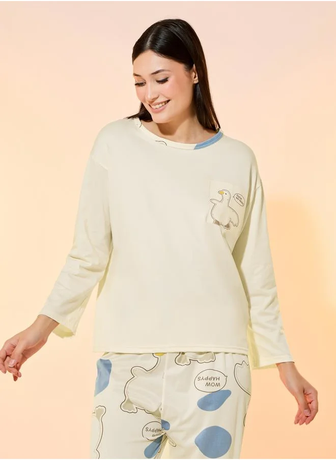 تايك تو Duck Print Round Neck T-Shirt & Pyjama Set