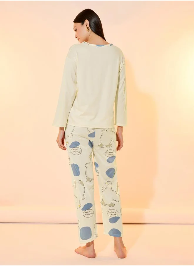 تايك تو Duck Print Round Neck T-Shirt & Pyjama Set