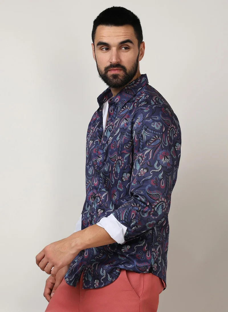 Campus Sutra Men's Navy Blue Paisley Shirt