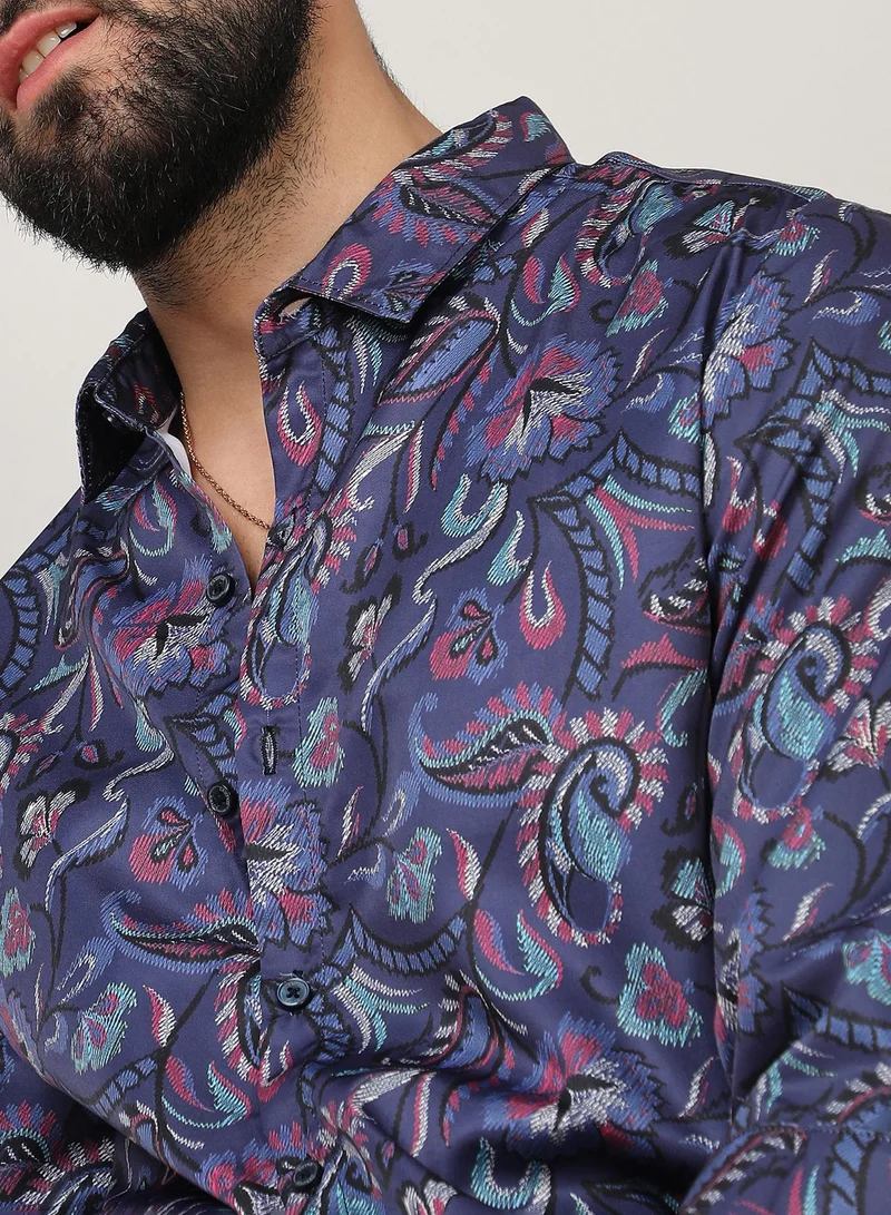Campus Sutra Men's Navy Blue Paisley Shirt