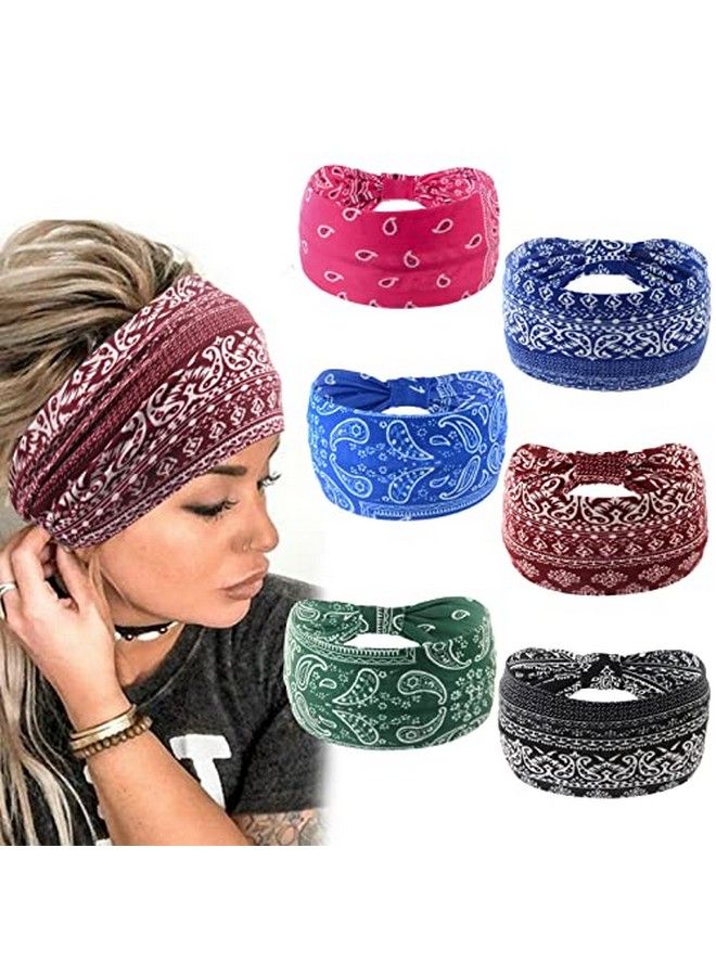Yeshan Wide Bandana Headbands For Women Boho Bandeau Headbands Knot Hair Scarf Bands Stretch Floral Printed Non Slip Headbands Elastic Turban Head Wraps Thick African HeadbandsPack Of 6  - Image 3