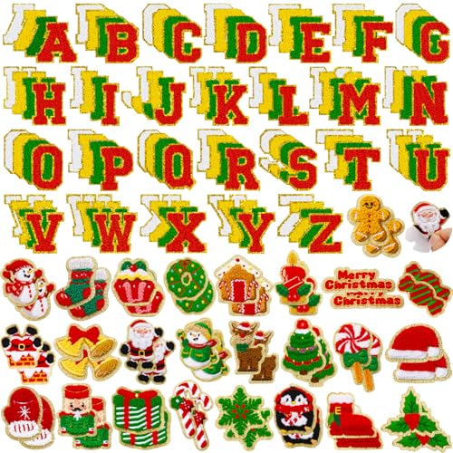 FOGWOWO 154 Pcs Red and Green Christmas Patches Chenille Self Adhesive Christmas Letter Patches EmbroideredInclude 104 AZ Letters Patch Stickers50 Snowflake Snowman Candle Stick on Patch for Backpacks - Image 1
