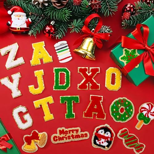 FOGWOWO 154 Pcs Red and Green Christmas Patches Chenille Self Adhesive Christmas Letter Patches EmbroideredInclude 104 AZ Letters Patch Stickers50 Snowflake Snowman Candle Stick on Patch for Backpacks - Image 3