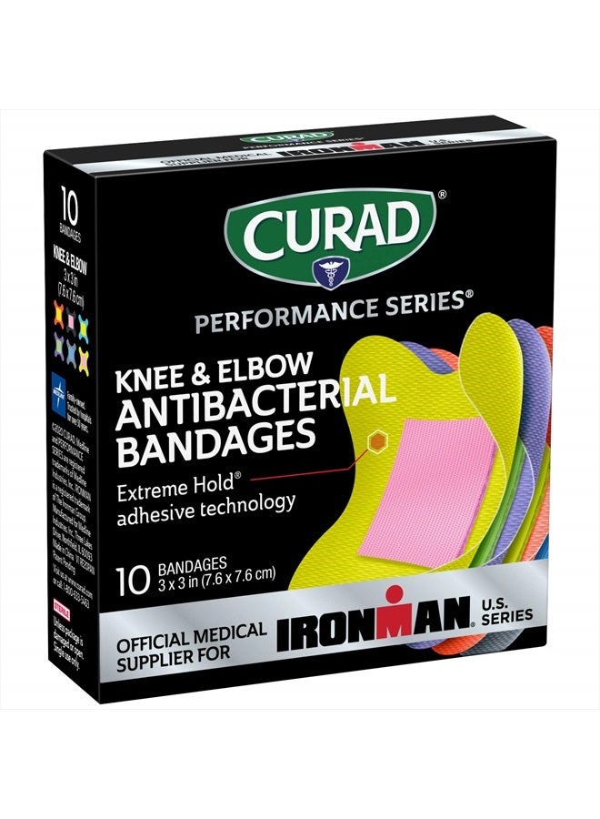 CURAD Performance Series IRONMAN Antibacterial Bandages, Extreme Hold Adhesive Technology, Knee & Elbow 3 inches x 3 inches, 10 Count, Ideal for Cuts, Scrapes, Sports, and Active Lifestyles - Image 1