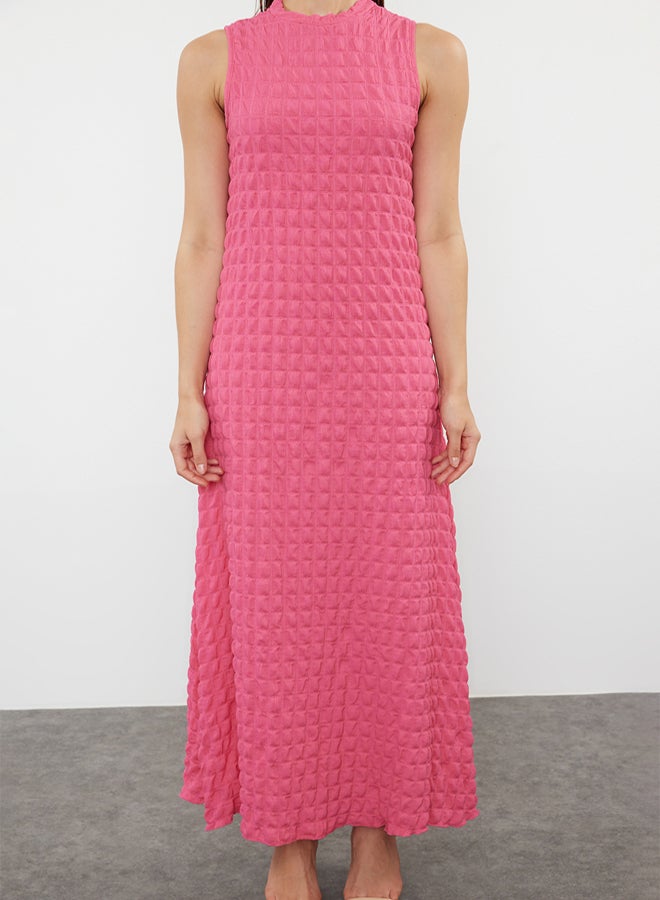 trendyol Fuchsia Plain Textured A-Line/A-Line Form Crew Neck Textured Maxi Dress TWOSS24EL00683 - Image 3