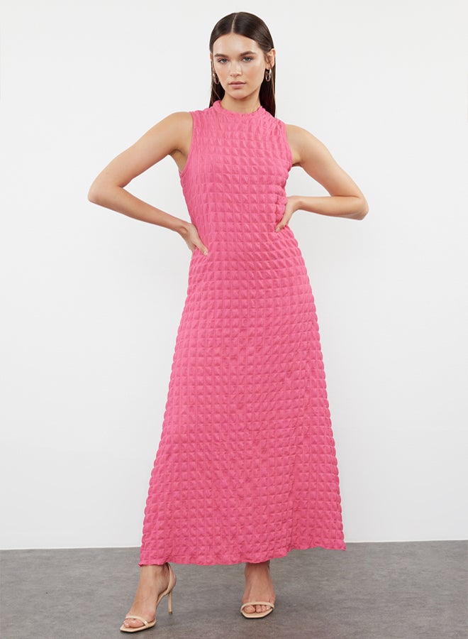 trendyol Fuchsia Plain Textured A-Line/A-Line Form Crew Neck Textured Maxi Dress TWOSS24EL00683 - Image 1
