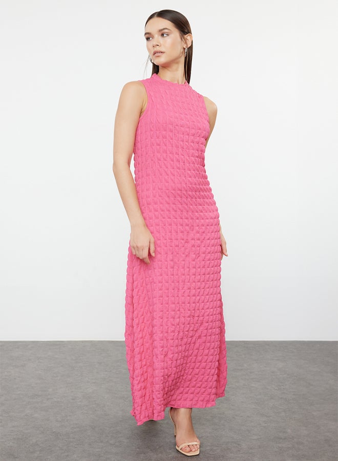 trendyol Fuchsia Plain Textured A-Line/A-Line Form Crew Neck Textured Maxi Dress TWOSS24EL00683 - Image 2