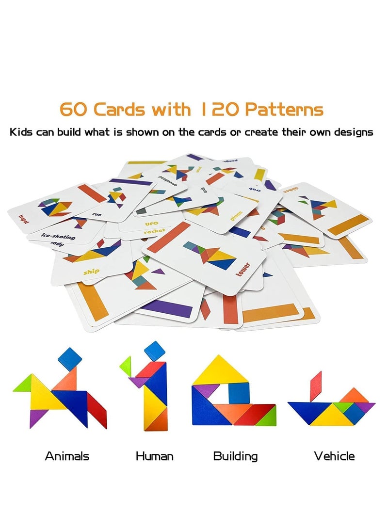 DURKU Early Development Tangram Pattern Puzzles Set, Classic Educational Montessori Tangram Toys, 60 Design Cards with 120 Pattern Jigsaw Puzzle - Image 4