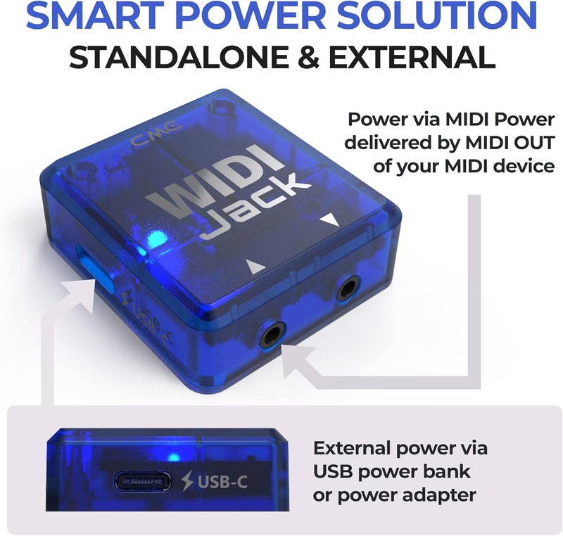 سي إم إي CME WIDI Jack - واجهة MIDI بلوتوث لأجهزة TRS/DIN MIDI - تعمل بالطاقة عبر MIDI Out أو USB-C - زمن انتقال فائق الانخفاض 3 مللي ثانية لاسلكي MIDI لأجهزة السينثيسايزر، EWI، كي تار، دواسة البيانو�� البيانو الرقمي - Image 2