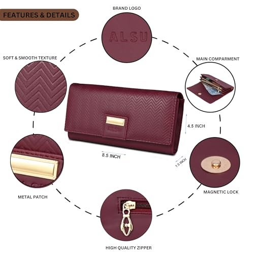 ALSU Women's Maroon Wallet Hand Purse Clutch Vegan Leather | Embossed Design | Phone Pocket | 4 Card Pocket (nur-002mar) - Image 4