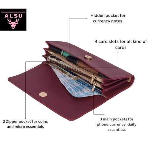 ALSU Women's Maroon Wallet Hand Purse Clutch Vegan Leather | Embossed Design | Phone Pocket | 4 Card Pocket (nur-002mar) - Image 5