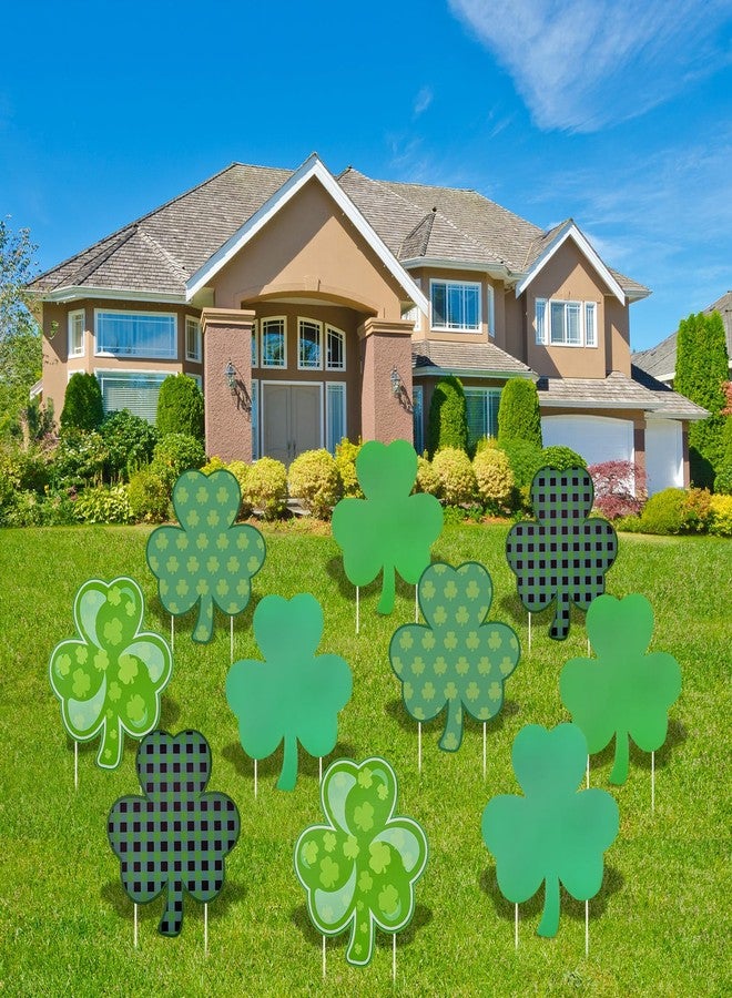 PhyLence 10 Pieces St. Patrick's Day Decorations Outdoor Yard Garden Porch Lawn Sign - 5 Assorted Shamrock Design 12.6 x 11 Inches Large Green Clover Signs with Stakes for Saint Patrick Irish Theme Party Favor - Image 1