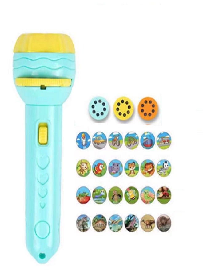 3 Sides 24 Patterns Flash Light Torch for Kids Projection Torch Story Education Learning Night Light Before Going to Bed (Blue) - Image 1