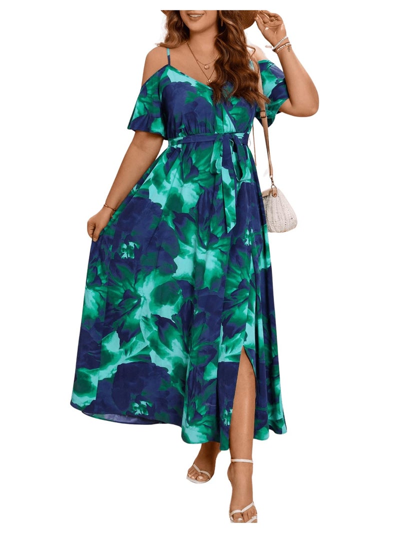 Floerns Women's Plus Size Cold Shoulder Short Sleeve Split Thigh Long Dress Blue and Green - Image 1