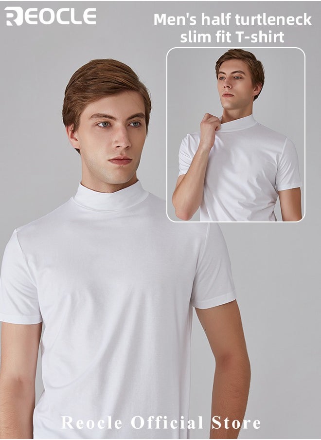 REOCLE - Men's T Shirt Short Sleeve Basic Turtleneck Slim Fit Undershirt Pullover Solid Tops Thin Lightweight Tees Sport Shirt - Image 1