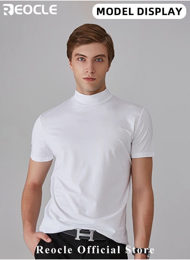 REOCLE - Men's T Shirt Short Sleeve Basic Turtleneck Slim Fit Undershirt Pullover Solid Tops Thin Lightweight Tees Sport Shirt - Image 1