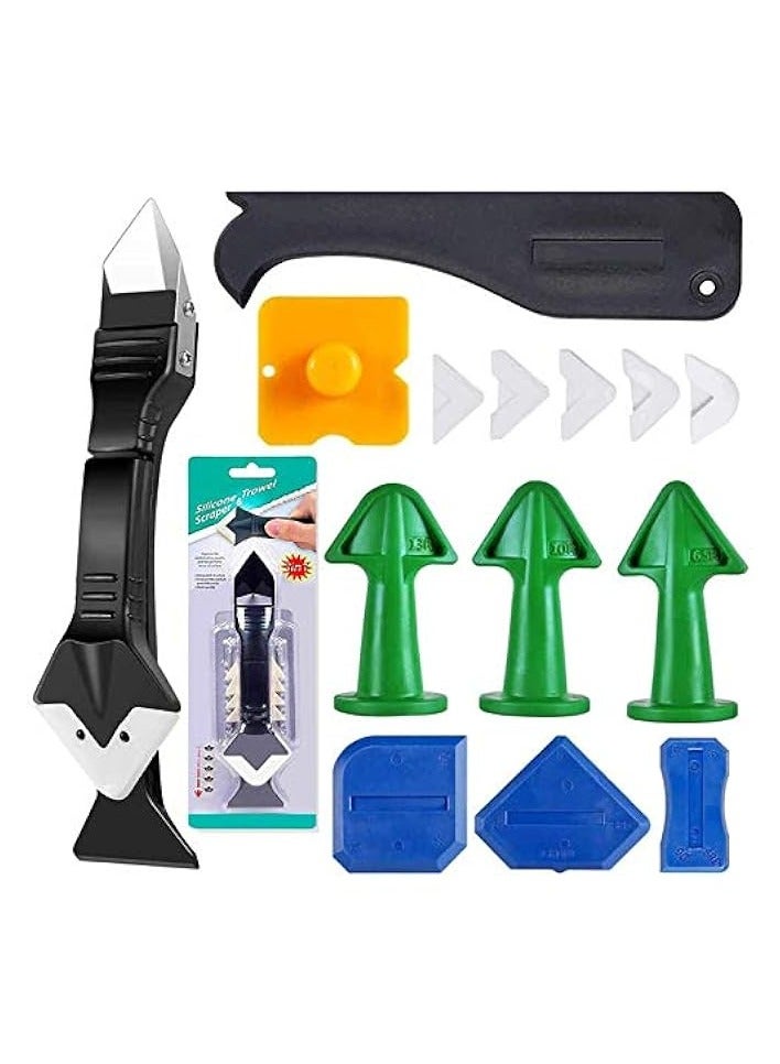 بروماس 15 قطعة مجموعة أدوات السد النهائية، 3 في 1 من الفولاذ المقاوم للصدأ أدوات السد مانع التسرب ومزيل الجص مكشطة أدوات السد السيليكون فوهة قضيب للمطبخ الحمام نافذة بالوعة المشتركة - Image 1