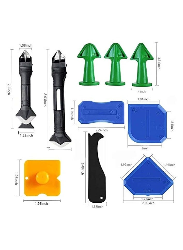 بروماس 15 قطعة مجموعة أدوات السد النهائية، 3 في 1 من الفولاذ المقاوم للصدأ أدوات السد مانع التسرب ومزيل الجص مكشطة أدوات السد السيليكون فوهة قضيب للمطبخ الحمام نافذة بالوعة المشتركة - Image 3