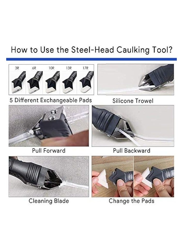 بروماس 15 قطعة مجموعة أدوات السد النهائية، 3 في 1 من الفولاذ المقاوم للصدأ أدوات السد مانع التسرب ومزيل الجص مكشطة أدوات السد السيليكون فوهة قضيب للمطبخ الحمام نافذة بالوعة المشتركة - Image 4