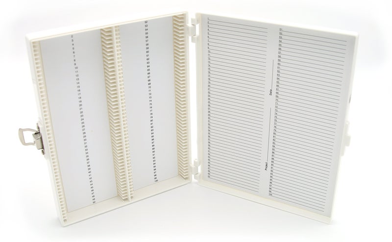 Heathrow Scientific HD15994R White Foam Lined 100 Place Microscope Slide Box, 8.25" Length x 7" Width x 1.3" Height - Image 1