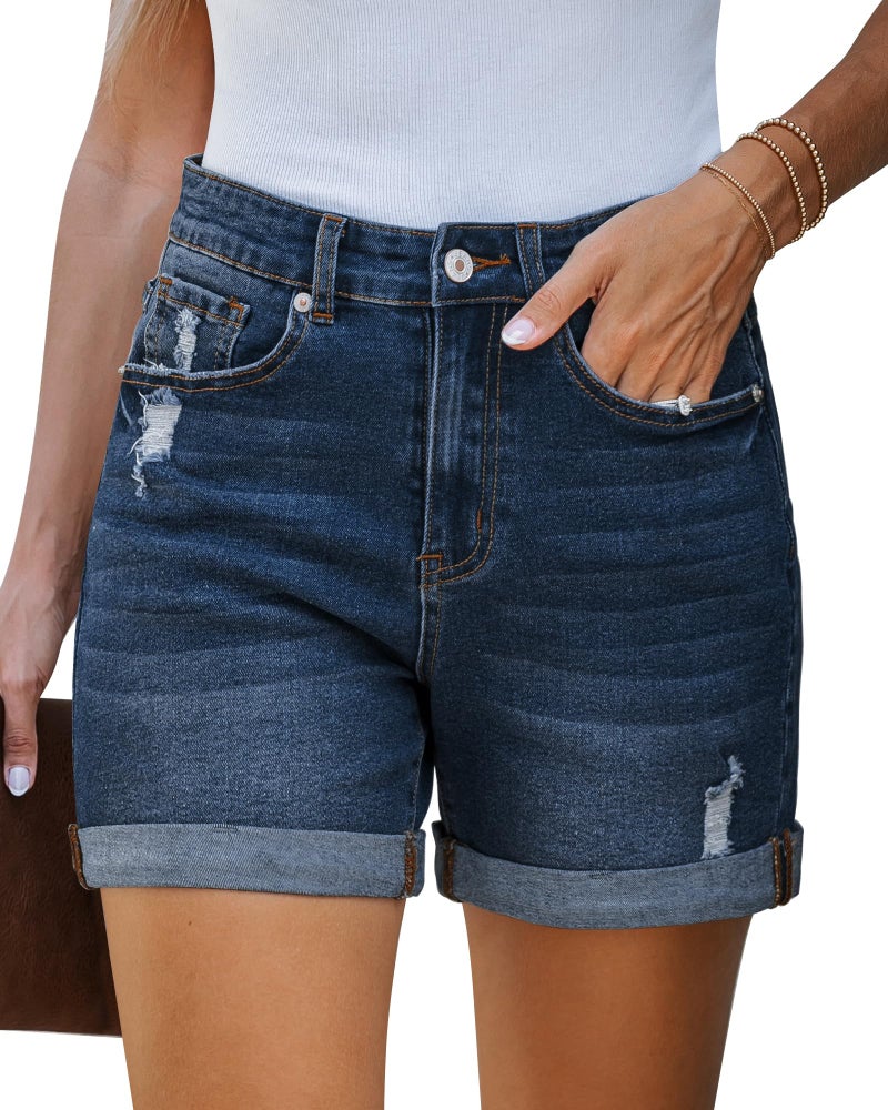 LookbookStore Woman Short High Waisted Jean Shorts Plus Size Denim Shorts for Women Stretchy High Waist Cut Off for Summer Darkness Blue XX-Large - Image 1
