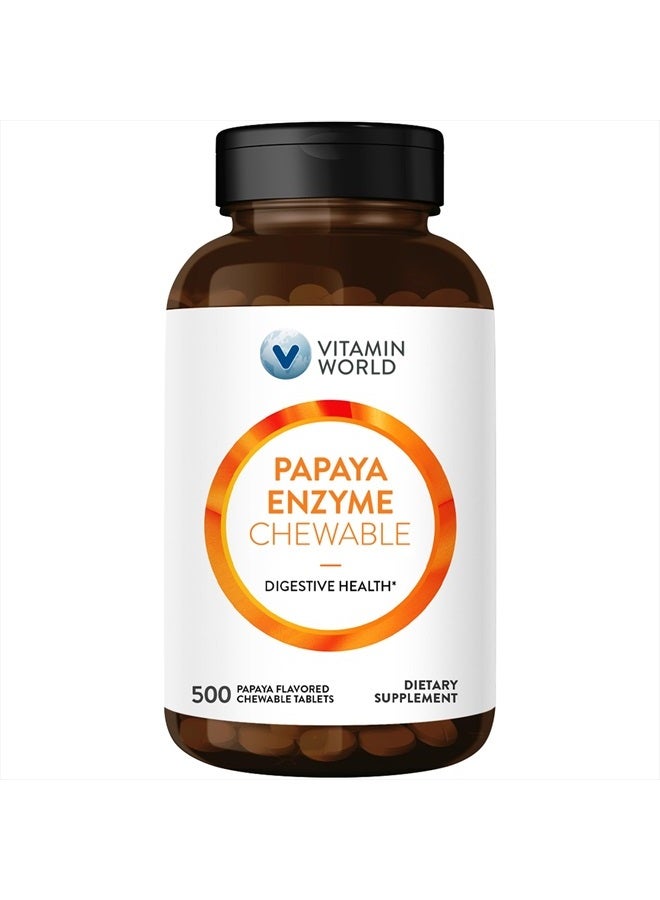 VITAMIN WORLD Papaya Enzymes Chewable Tablets - Papain, Amylase & Protease for Digestion & Nutrient Absorption, Papaya Flavor, Gluten Free, 500 Count  - Image 1