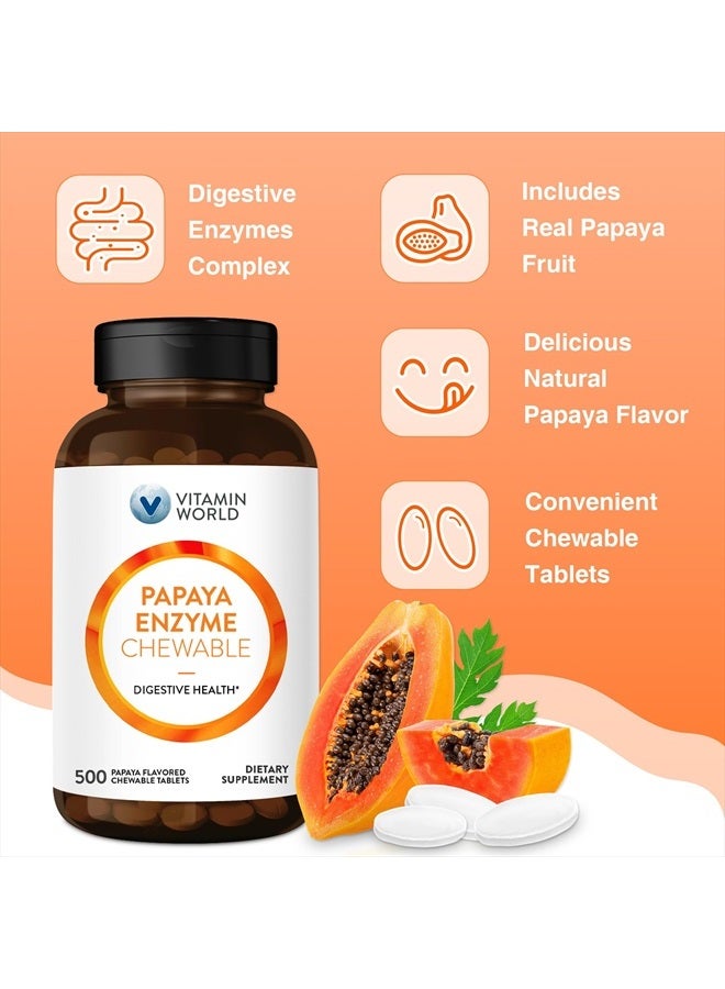VITAMIN WORLD Papaya Enzymes Chewable Tablets - Papain, Amylase & Protease for Digestion & Nutrient Absorption, Papaya Flavor, Gluten Free, 500 Count  - Image 5
