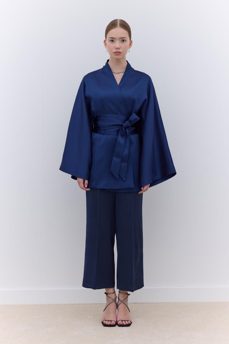 Manuka Satin Belted Kimono Navy Blue  - Image 3