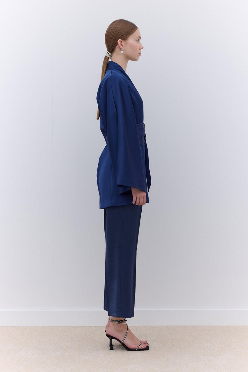 Manuka Satin Belted Kimono Navy Blue  - Image 2