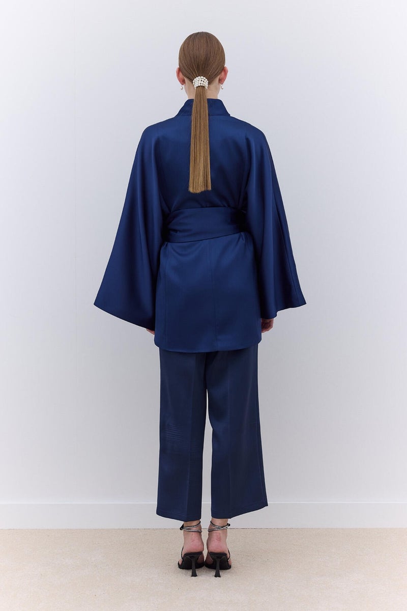 Manuka Satin Belted Kimono Navy Blue  - Image 4