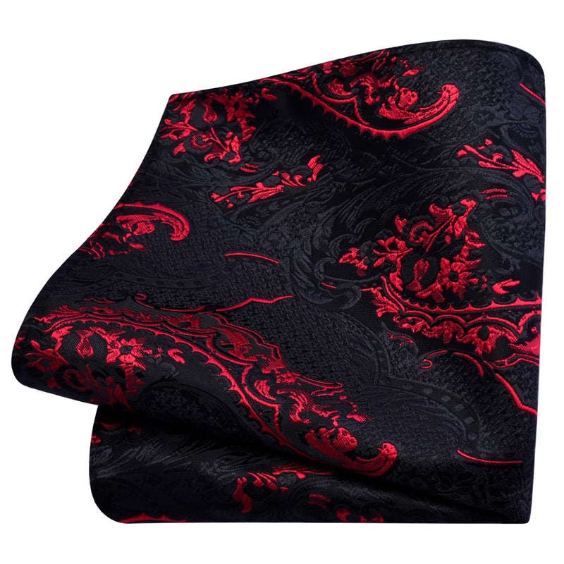 GUSLESON Red Black Tie Set for Men Silk Paisley Necktie Pocket Square Cufflinks and Lapel Pin Brooch Set for Wedding (6114-09) - Image 3