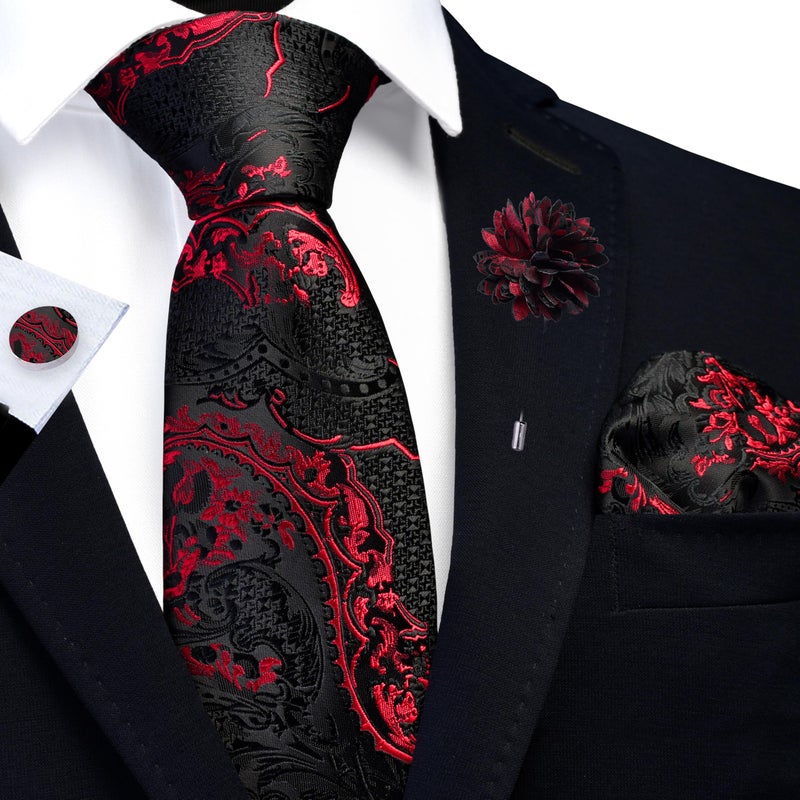 GUSLESON Red Black Tie Set for Men Silk Paisley Necktie Pocket Square Cufflinks and Lapel Pin Brooch Set for Wedding (6114-09) - Image 2