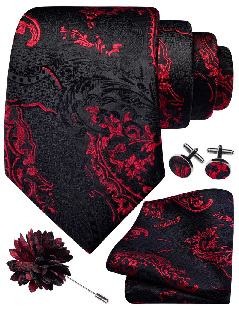 GUSLESON Red Black Tie Set for Men Silk Paisley Necktie Pocket Square Cufflinks and Lapel Pin Brooch Set for Wedding (6114-09) - Image 1