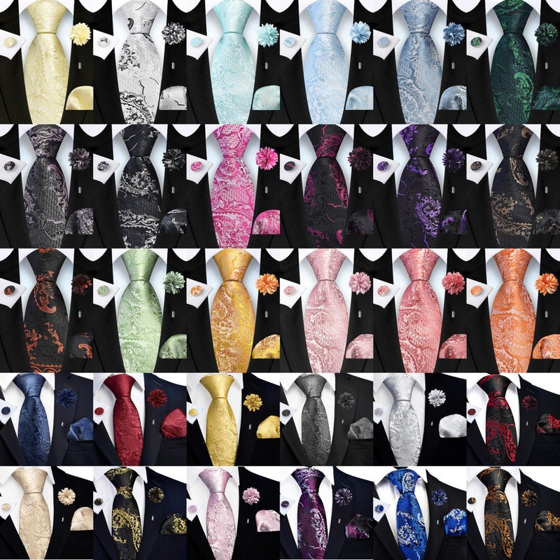 GUSLESON Red Black Tie Set for Men Silk Paisley Necktie Pocket Square Cufflinks and Lapel Pin Brooch Set for Wedding (6114-09) - Image 5