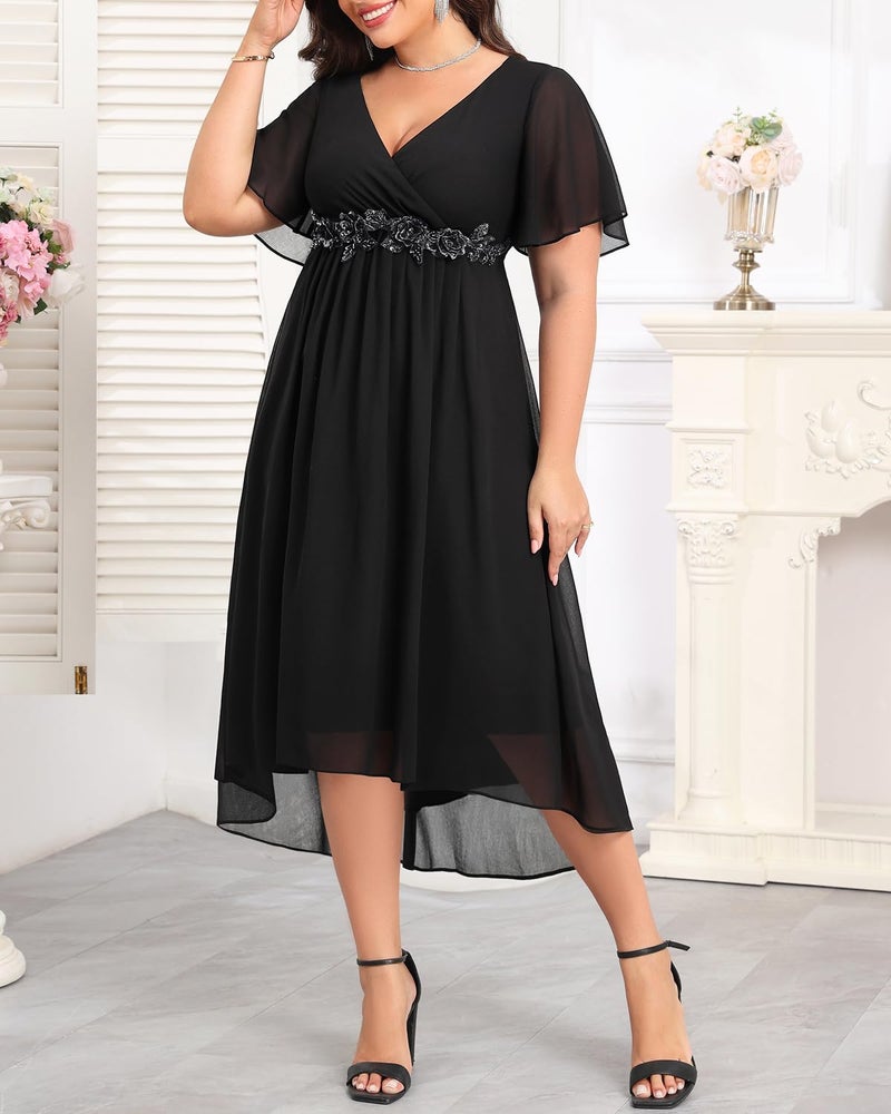 Talisea Black Dress Plus Size Wedding Guest Cocktail Formal Chiffon Appliques V Neck Short Sleeve High Low Dresses Women - Image 3